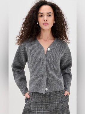 Le Bop Winter 2026/2027 Women's Gray V-Neck Ribbed Cardigan Sweater, Size Large
